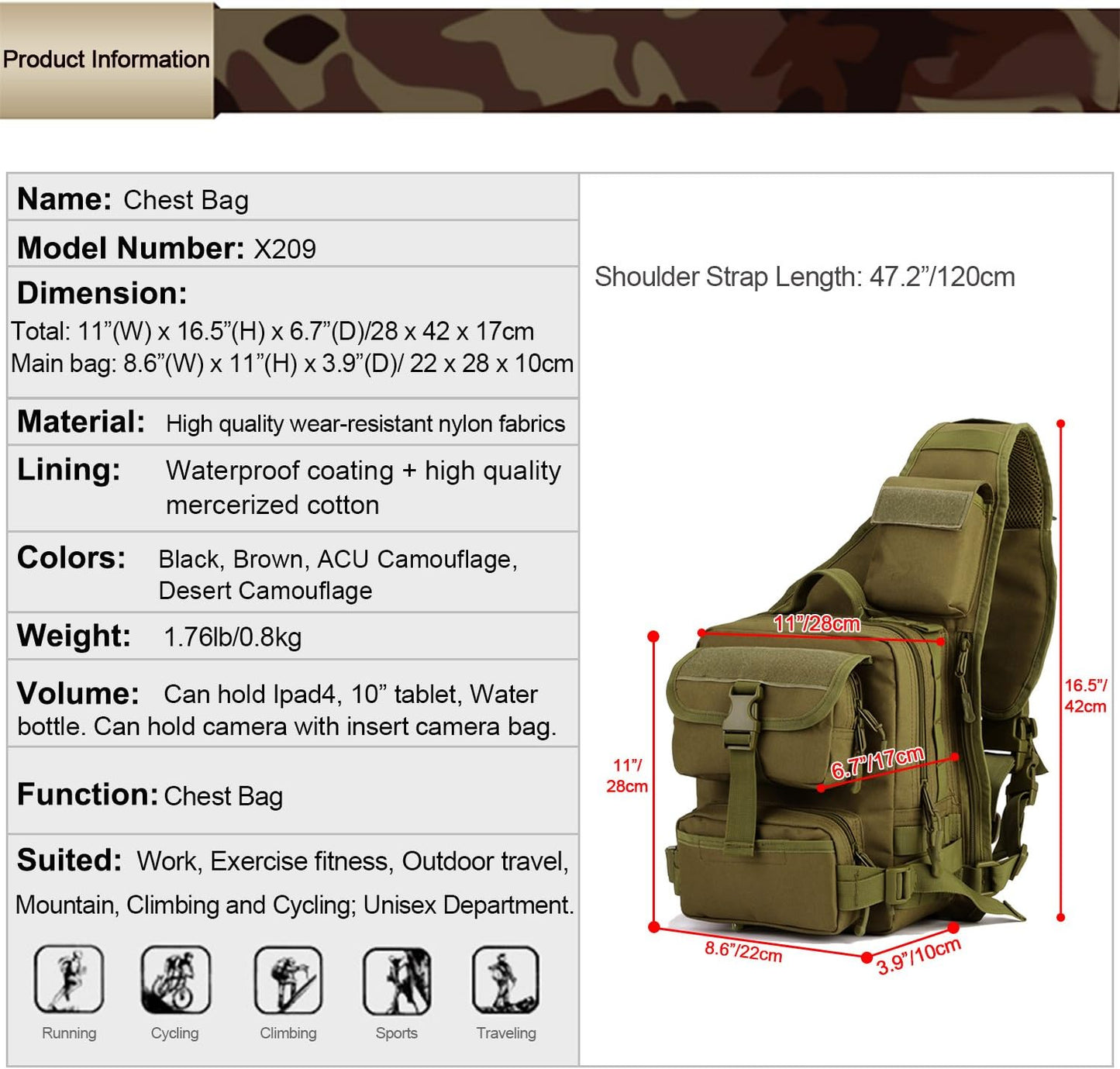 Tactical Military Sling Pack - Molle Chest Daypack Backpack for Outdoor Use