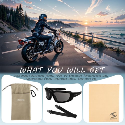 SOL PRO Powersport Sunglasses, Motorcycle Riding Safety Goggles, UV400 Anti-Fog, Dust-Resistant, Wraparound, Fit Men Women, Mowing, Shooting, Hunting