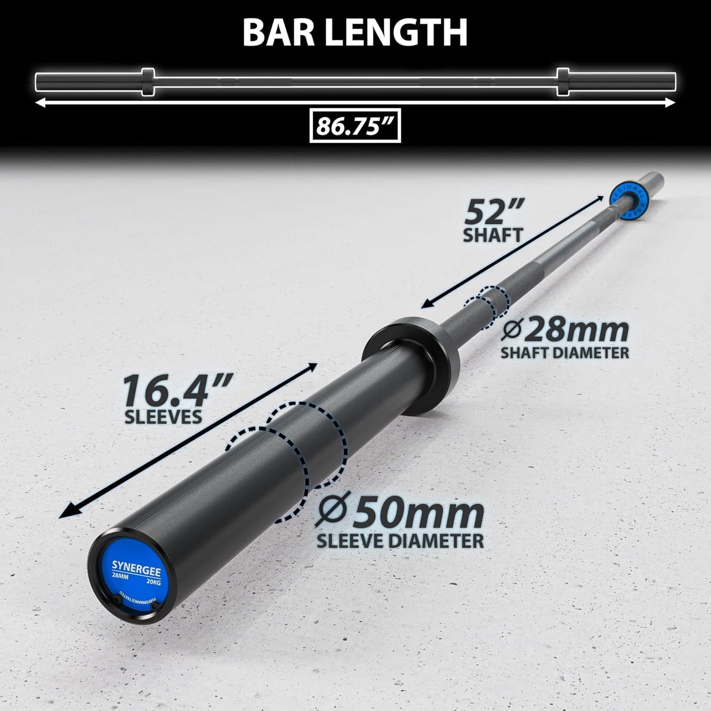 Synergee Regional Olympic 20kg Men’s and 15kg Women’s Hard Chrome & Black Phosphate Barbells. Rated 1500lbs for Weightlifting and Powerlifting.