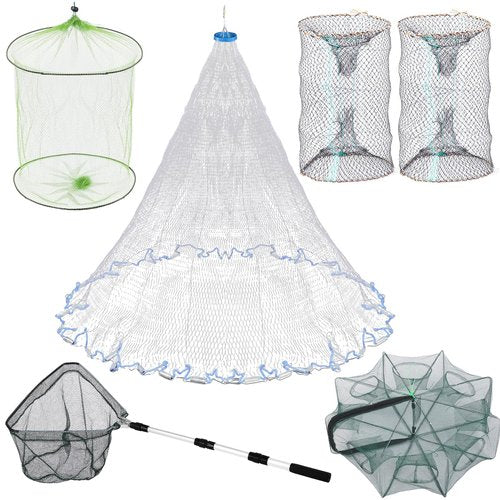 Relaxgiant 6 Pcs Fishing Net Trap Portable Folded, Crab Trap Minnow Trap, Fishing Landing Net with Telescoping Pole Handle, Casting Net Bait Trap with Heavy Duty Sinker and Storage Bucket
