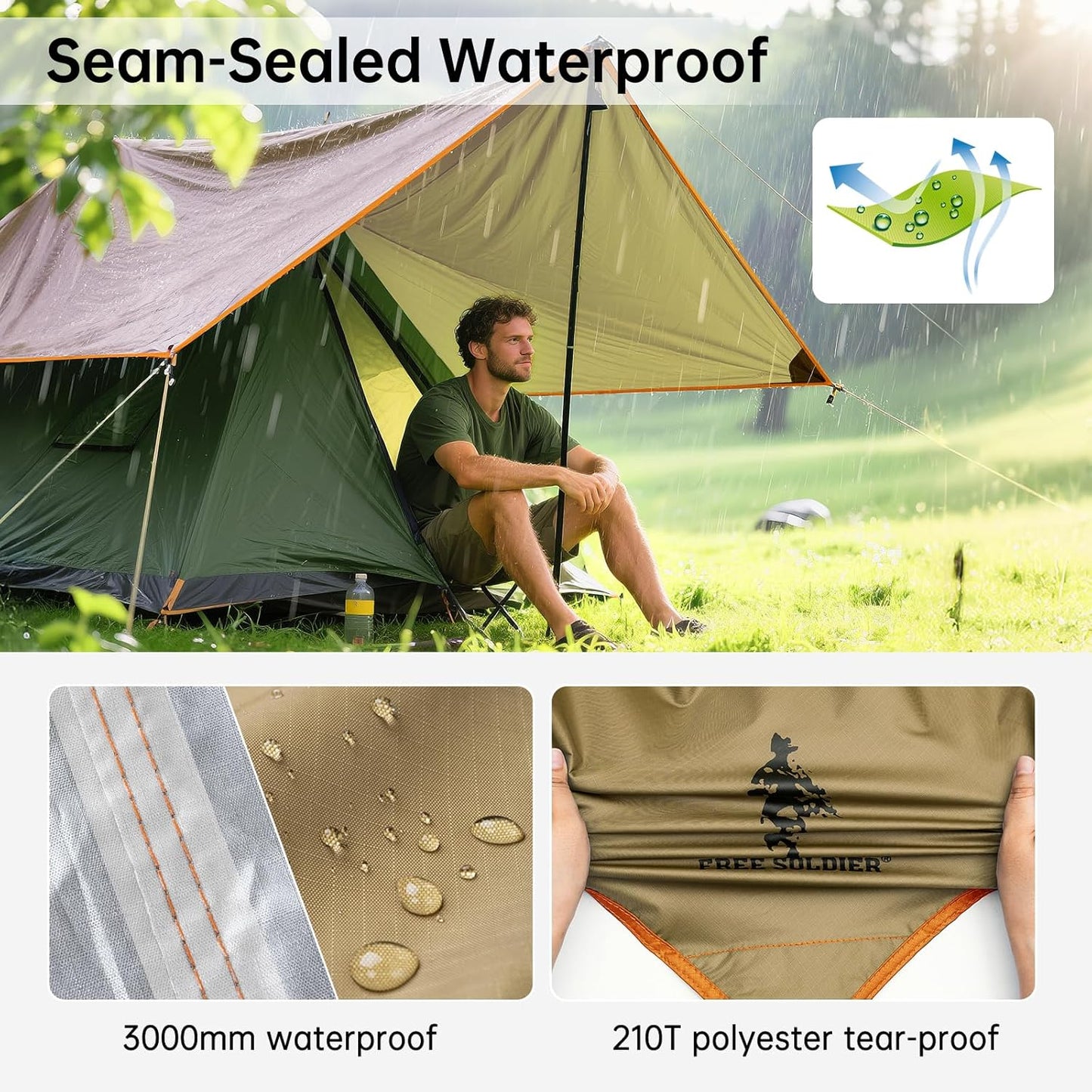 FREE SOLDIER Waterproof Portable Tarp Multifunctional Outdoor Camping Traveling Awning Backpacking Tarp Shelter Rain (Brown 10×10.5ft)