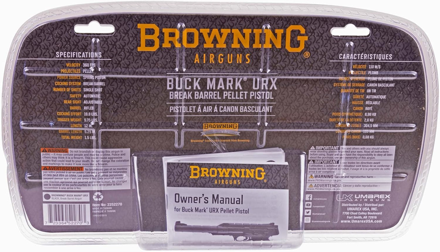 Umarex Browning Buck Mark URX Single Shot Break Barrel .177 Caliber Pellet Gun Air Pistol, Black