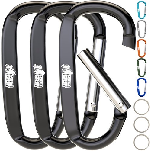 GORILLA GRIP 3 Inch Heavy Duty Aluminum Carabiner Clip, 3 Pack Clips Holds 170lbs, Rust and Scratch-Resistant Mini Keychain Carabiners for Keys, Small Ring Chain Hooks Bag Backpack Purse, Black
