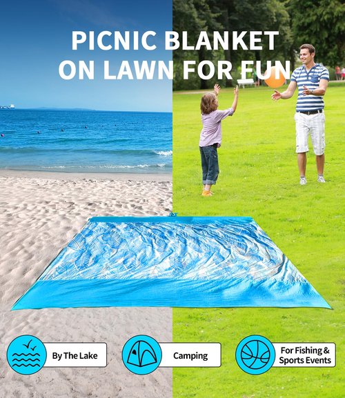 LH Beach Blanket Sandproof, 107"*90" Extra Large Waterproof Beach Mat for 2-8 Adults, Picnic Blankets for Camping, Beach Essentials Big & Compact Quick Drying, Lightweight & Durable with 4 Stakes