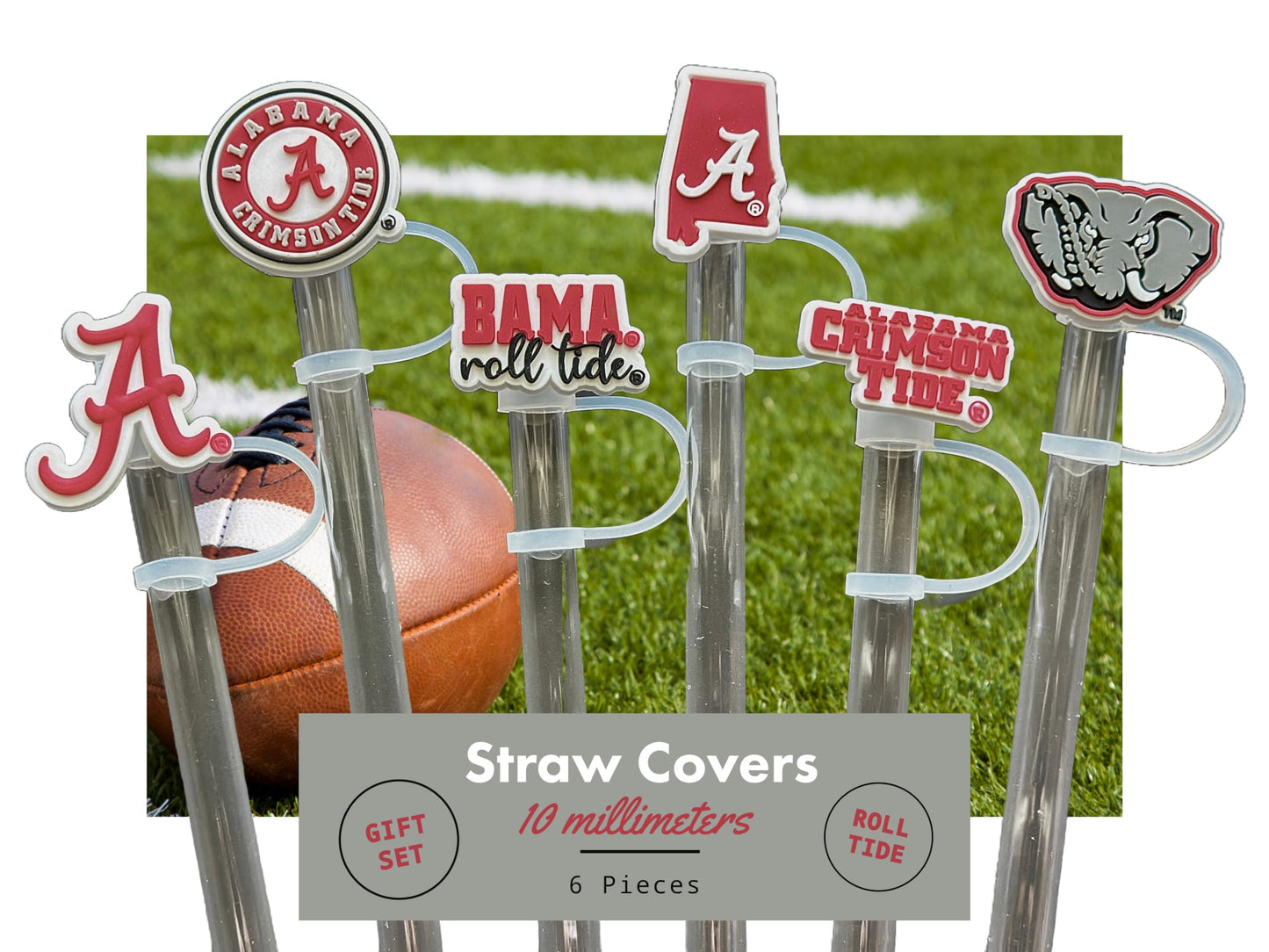 6 Alabama Crimson Tide Straw Covers (10 millimeter) Alabama Crimson Tide Gift for Men and Women Football Fans Fits Large Stanley Simple Modern 40oz Water Bottles (10 mm straw) (Alabama Crimson Tide)
