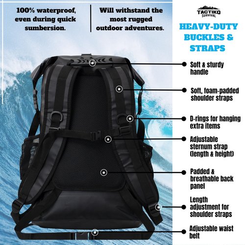 Tactiko 30L 100% Waterproof Backpack with Carabiner, Rip-Stop Floating Roll Top Dry Bag for Kayaking, Hiking, Camping, Survival - U.S. Company (Black Camo)