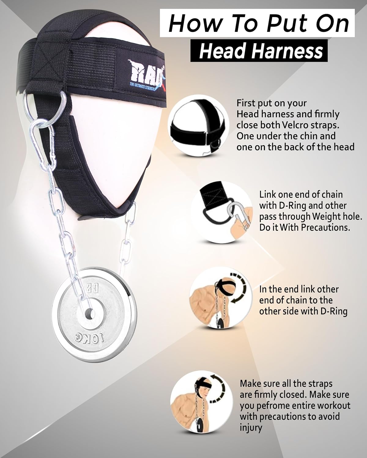 RAD Neck Harness for Neck Lifting and Weight Training | Neck Trainer with Neoprene Padding and Adjustable Chain | Improve Neck Strength and Reduce Pain