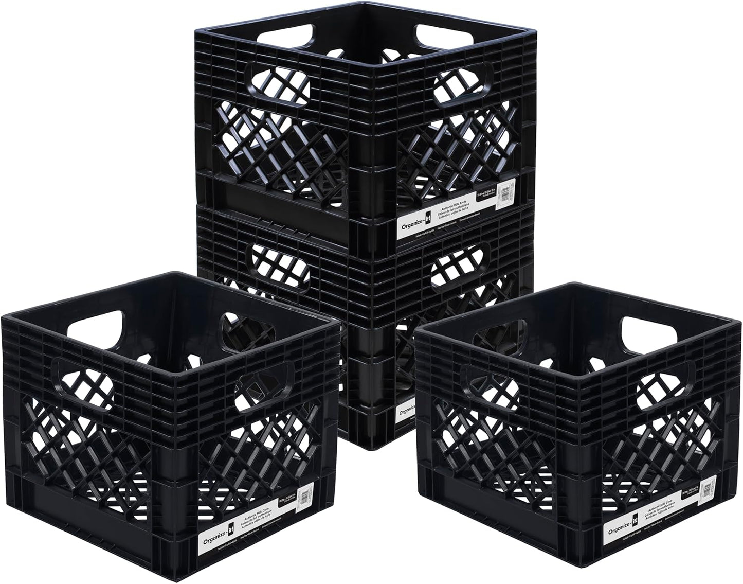 ORGANIZE-IT! Authentic Milk Crate, 4 Pack, Black - Heavy-Duty Storage Crate, Easy-Grip Handles, Versatile Storage Crate Box, 13" L x 13" W x 11" H