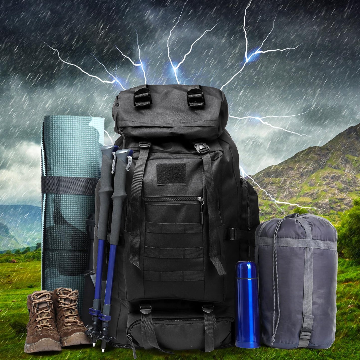 Goaste 100L Camping Hiking Backpack, Molle Military Tactical Rucksack, Waterproof Large Travel Daypack, Adjustable Survival Hunting Sports Bag for Men and Women Hiking, Camping, Touring(Black)