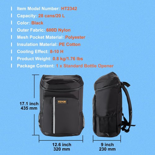 VEVOR Cooler Backpack, 20L Capacity, Waterproof and Leakproof, Adjustable Shoulder Straps, Lightweight, Black