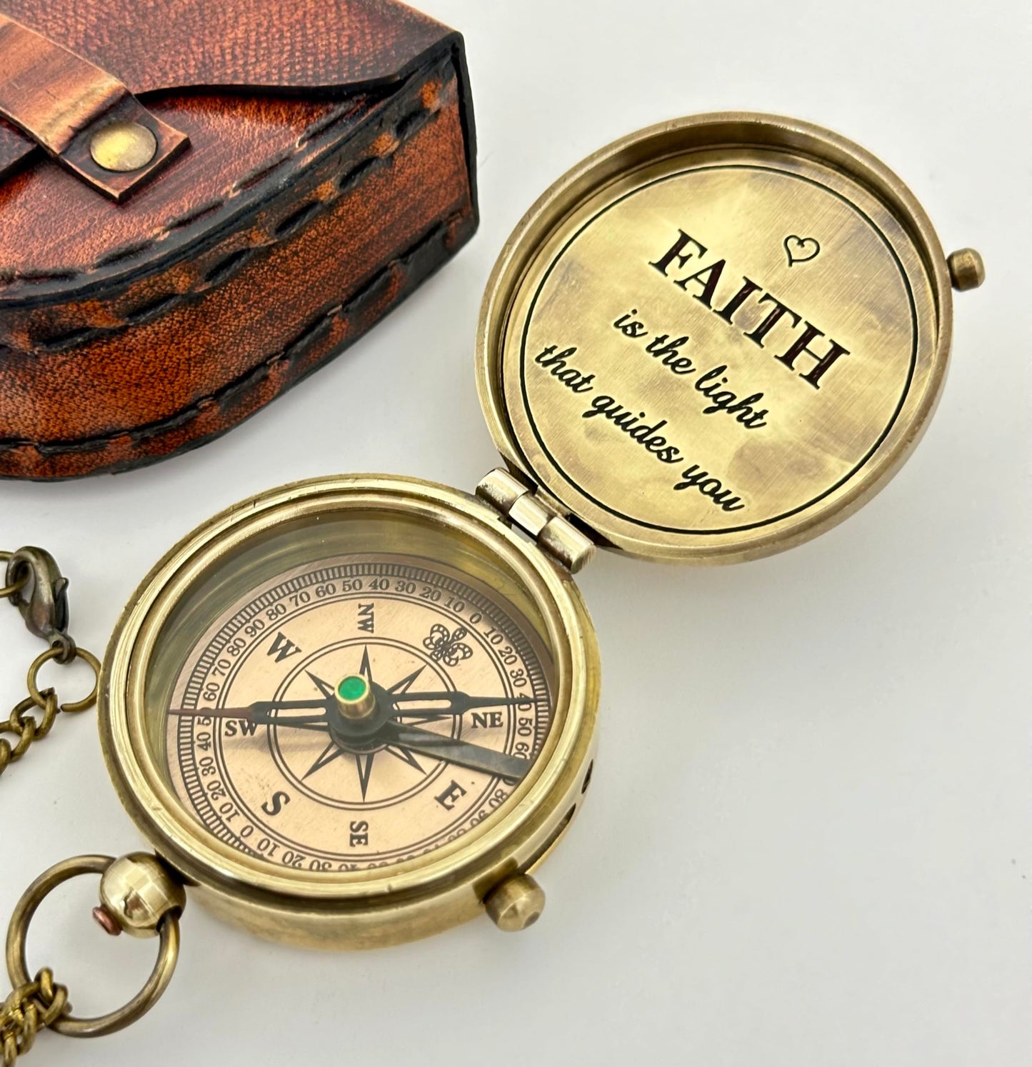 Faith Compass – Inspirational Gift for Men & Boys | Christian Baptism, Communion, Confirmation, or Graduation Present | “Faith is The Light That Guides You” Engraved | Leather Box