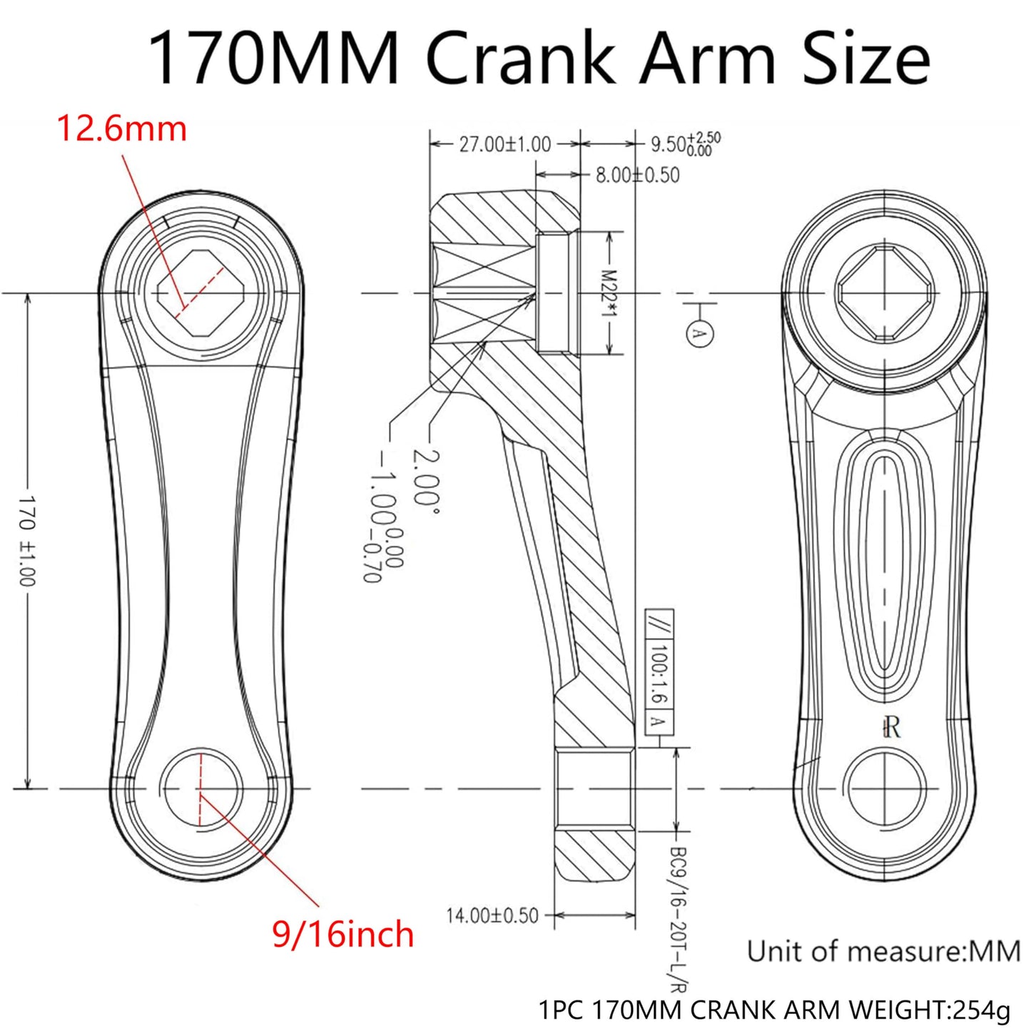 Alps2Ocean Universal Bike Crank Arm,152mm/160mm/165mm/170mm/175mm Left Crank Arm,Crank Arm Left Available in Diamond Hole and Square Hole for City Bike,Folding Bike,MTB,Ebike,Road Bike,Exercise Bike