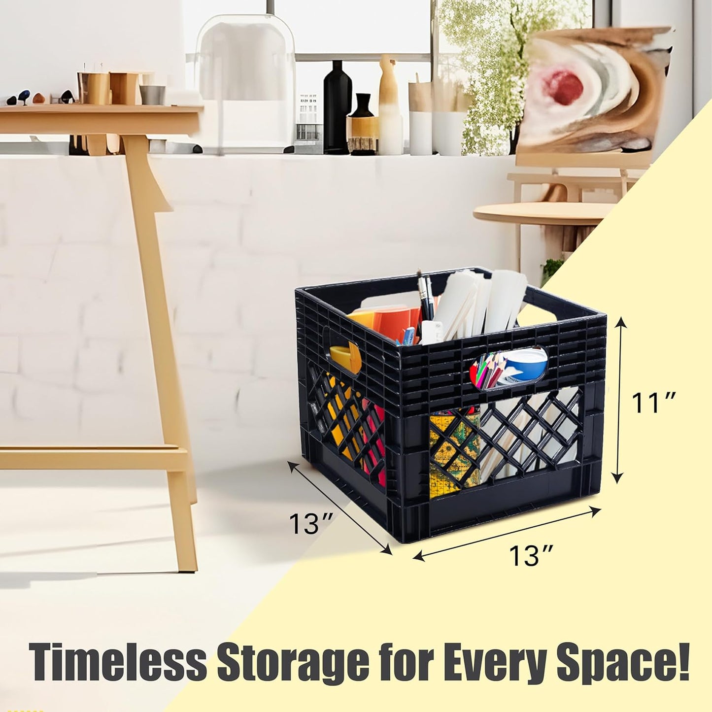 ORGANIZE-IT! Authentic Milk Crate, 4 Pack, Black - Heavy-Duty Storage Crate, Easy-Grip Handles, Versatile Storage Crate Box, 13" L x 13" W x 11" H