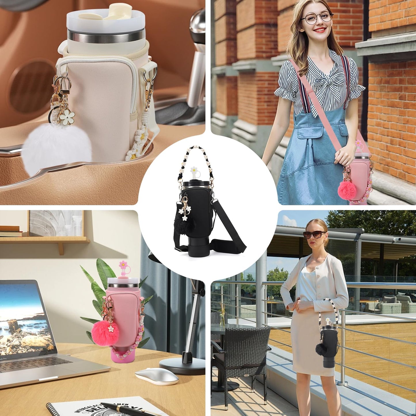 3tyto Stanley Cup Accessories Set Including Water Bottle Carrier Bag,Water Bottle Holder with Strap,Straw Cover, Charms,Silicone Boot for Stanley 40oz 30oz Tumbler (Black)