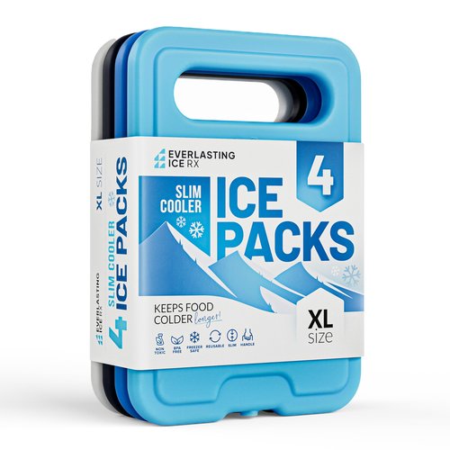 Reusable XL Slim Ice Packs for Lunch Boxes with Handle (4 Pack) BPA Free Freezer Packs | 6.5 x 4.5 in | Long Lasting Ice Pack for Insulated Bags, Picnic, Travel, and More