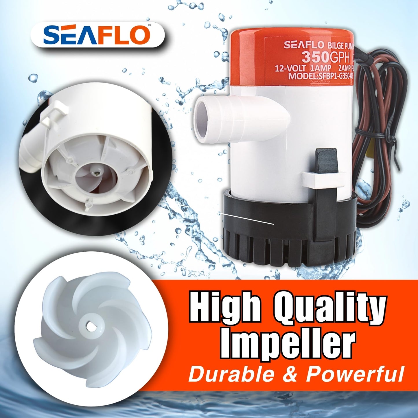SEAFLO 01 Series 350 GPH Bilge Pump – 12V, 3/4" Outlet, Marine Submersible Pump with Anti-Airlock Protection, CE & Rohs Certified, 4-Year Warranty | Reliable for Boats and Marine Applications