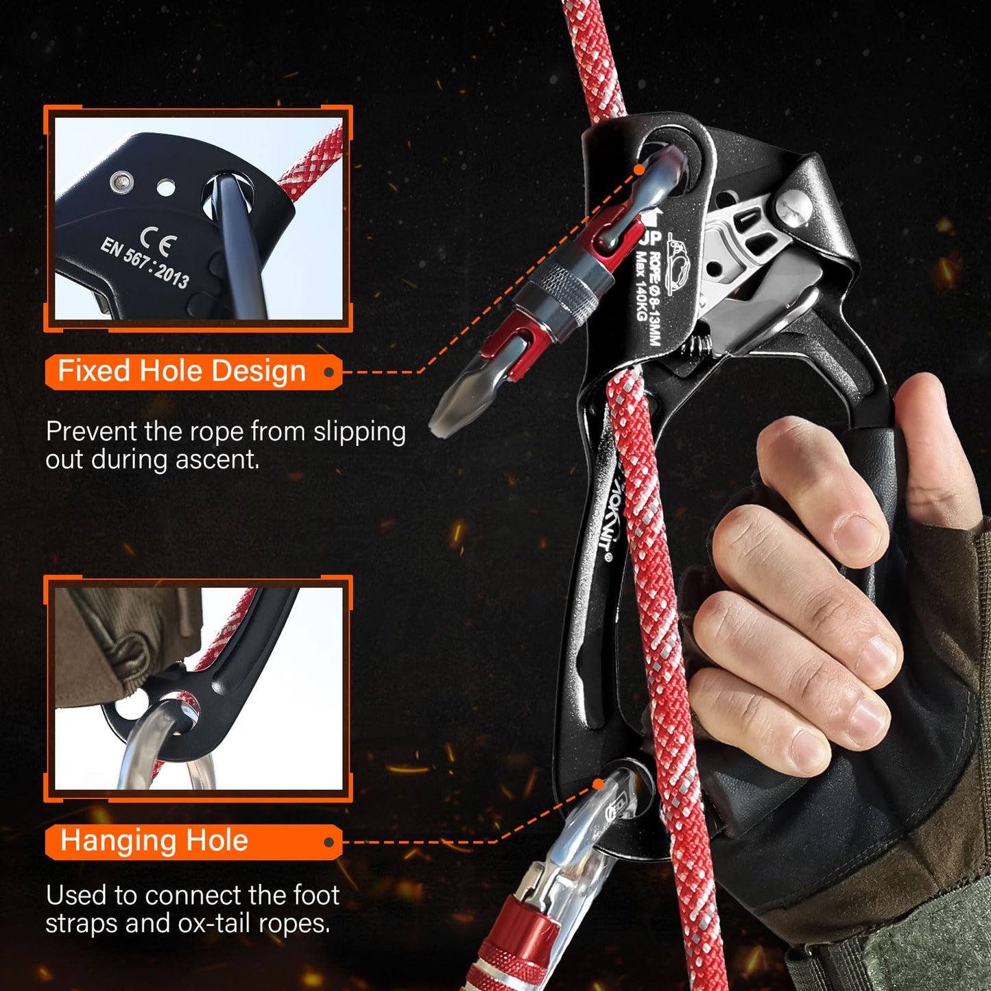 AOKWIT UIAA & CE Certified Rope Ascender Aluminum Alloy Rock Climbing Gear Strong Rigging Rappelling Equipment for Rock Tree Climbing Arborist Rescue Mountaineering Caving (Right Hand Black 1)