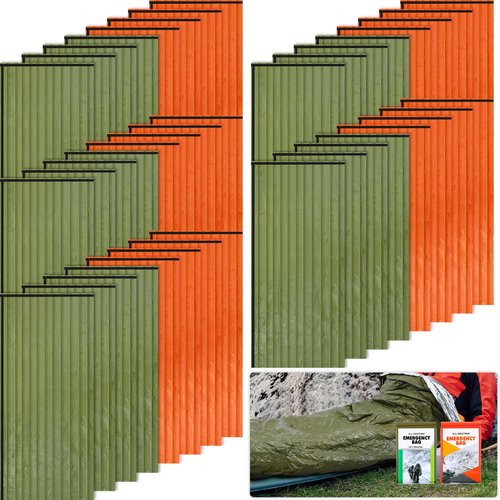 Preboun 50 Pcs Emergency Sleeping Bag Portable Lightweight Survival Bag Thermal Bivy Sack Waterproof Emergency Blanket Survival Gear for Outdoor Camping Hiking Homeless People Shelter (Orange,Green)