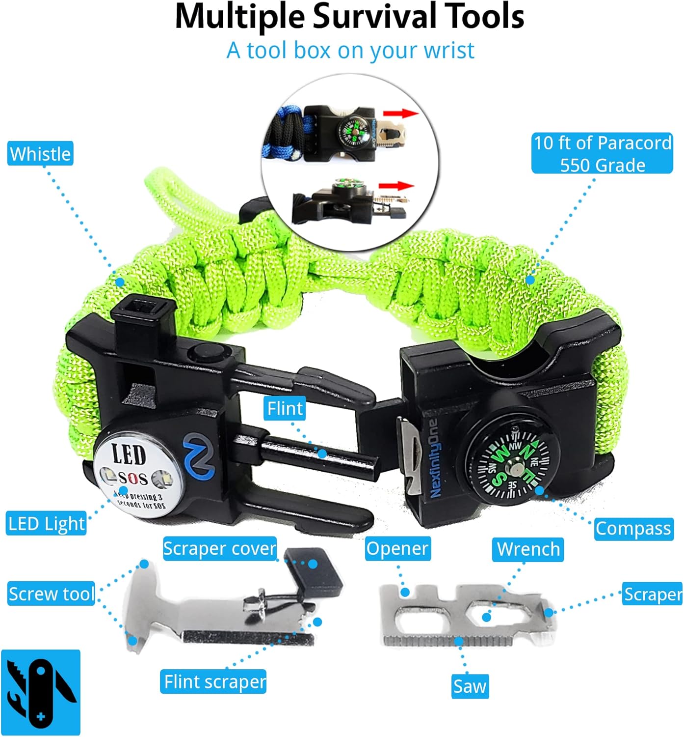 Survival Paracord Bracelet - Tactical Emergency Gear Kit with SOS LED Light, 550 Grade, Adjustable, Multitools, Fire Starter, Compass, and Whistle - Set of 2