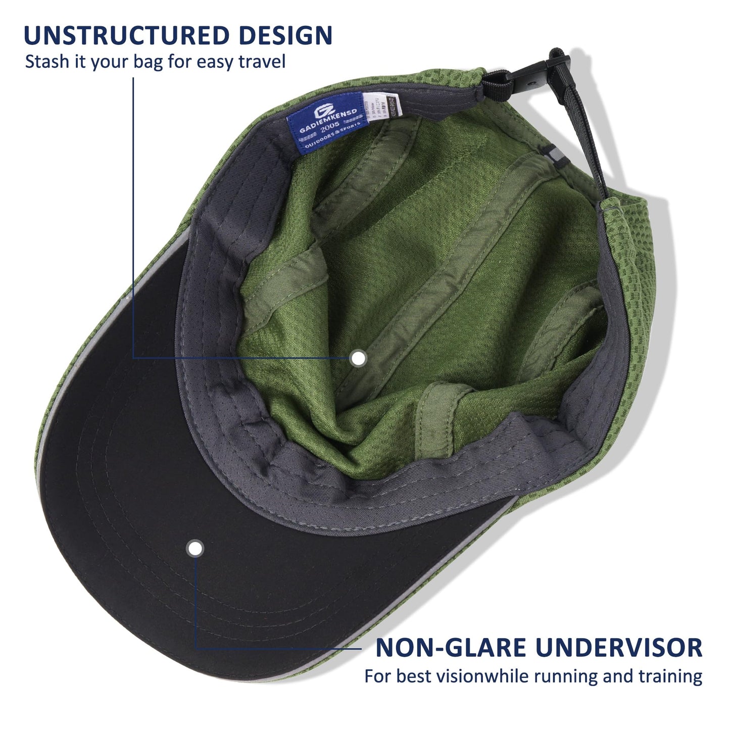 GADIEMKENSD Women's Race Day Running Hat Performance Mesh Baseball Cap Ventilation Lightweight Reflective Safety Ponytail Hats for Golf Hiking Beach Exercise Workout Gym Dark Green