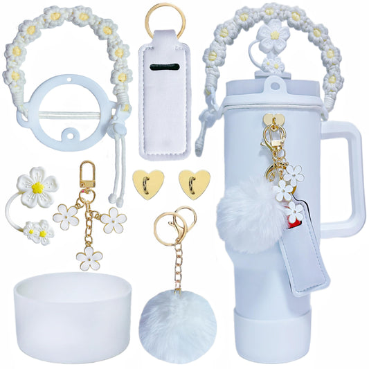Klasikok Accessories for Stanley Cup,1 Handle Strap for Tumbler 40oz,1 Siliocne Water Bottle Boot,1 Straw Topper Cover,2 Charms Hooks,1 Lip Balm Holder Bag,1 Pompom Ball,1 Flower Charm(white)