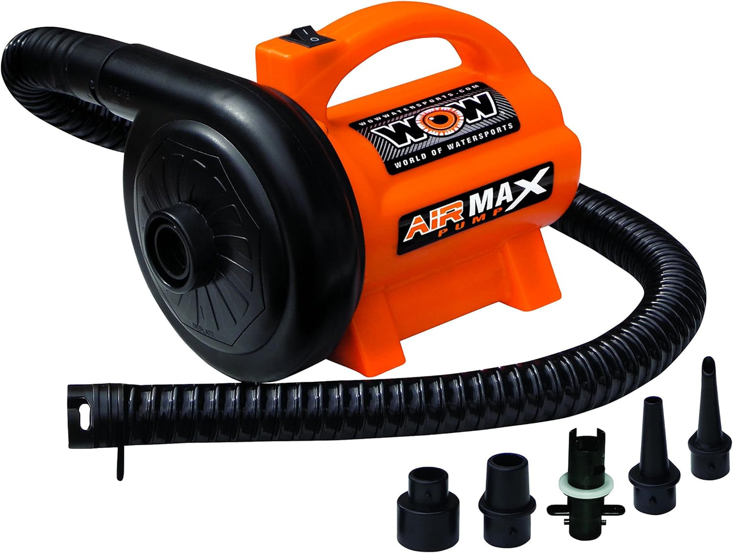 WOW Sports - High Pressure Air Pump-Powerful Electric Air Pump - 5 Universal Adapters - 120 Volt 600 Liter / Minute - Orange