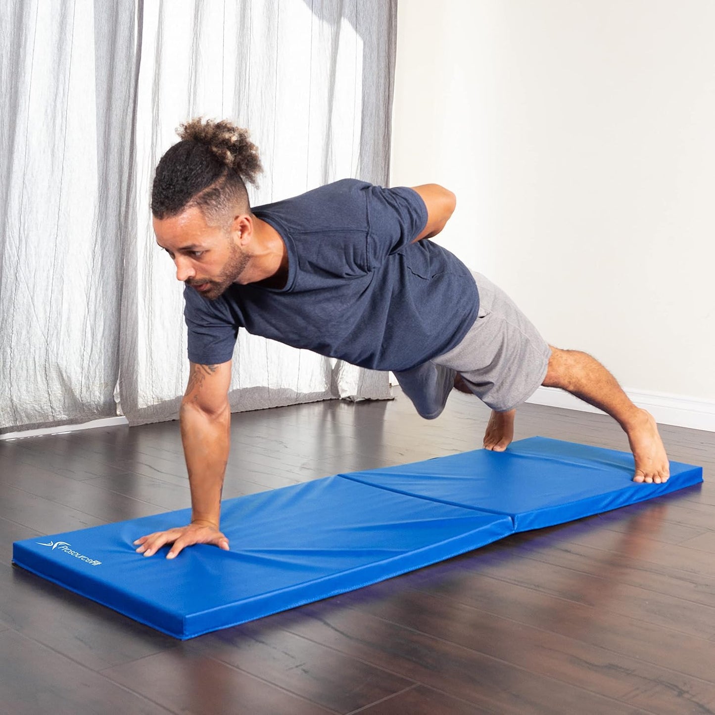 ProsourceFit Bi-Fold Folding Thick Exercise Mat 6’x2’ with Carrying Handles for MMA, Gymnastics Core Workouts, Blue