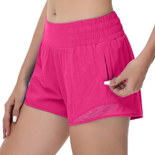 MCEDAR Women's Running Shorts High Waisted Lined 4"，Lightweight Active Workout Quick Dry Gym Athletic Sports Shorts Zip Pocket Hot Pink,6/S