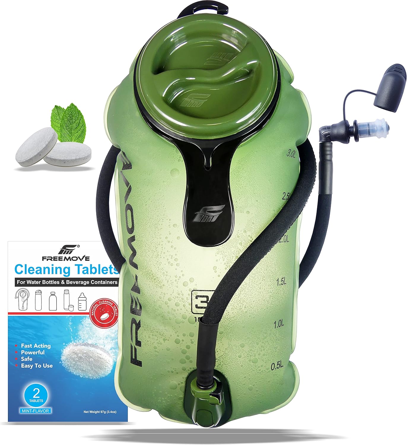 FREEMOVE Hydration Bladder 2L / 3L Water Bladder for Hiking Backpack &gt;Blue or Green&lt; Leak Proof Hydration Pack, Tasteless & BPA Free, TPU Water Reservoir, Quick Release Insulated Tube & Shutoff Valve