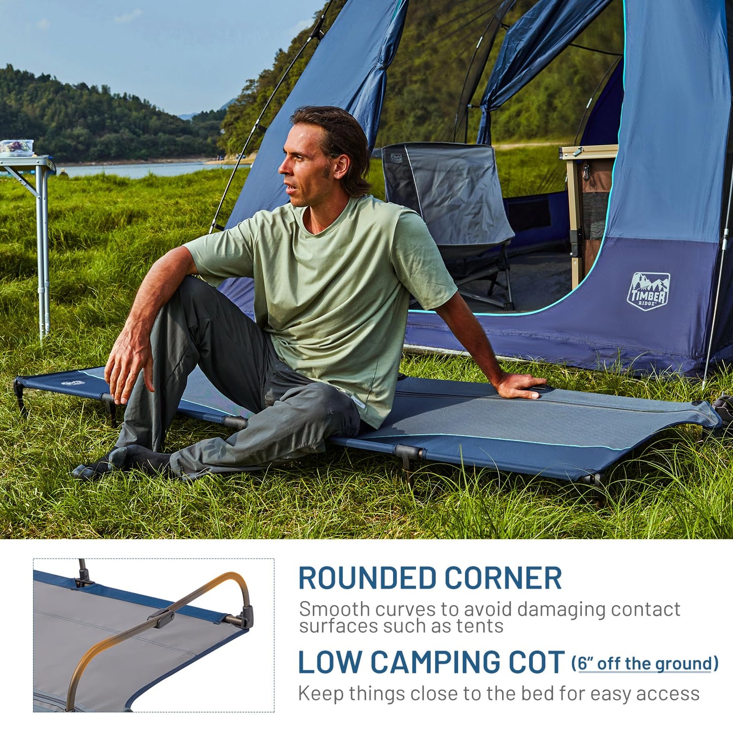 TIMBER RIDGE Lightweight Aluminum Camping Cot, 20-Second Quick Set-Up Folding Cot with Zipper Closure, Portable Carry Bag Included for Camping, Travel and Outdoors, Support up to 225lbs, Blue