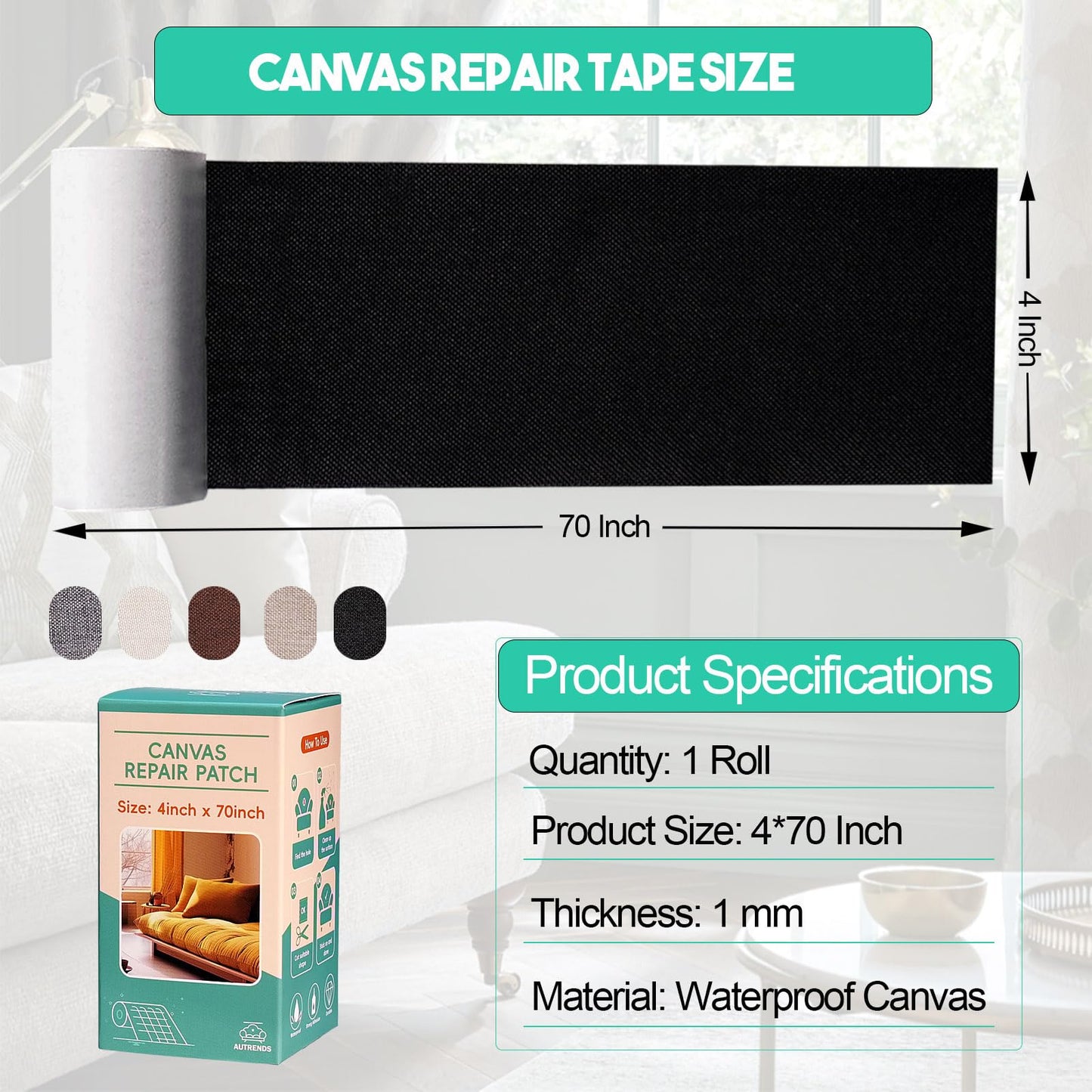 Autrends Canvas Repair Tape,Fabric Repair Patch,4×70 Inches,Outdoor Gear Patch, Waterproof,Self-Adhesive for Repairing Boat Covers,Tents,Sofas,Patio Umbrellas,Lounge Chairs,Awnings Black