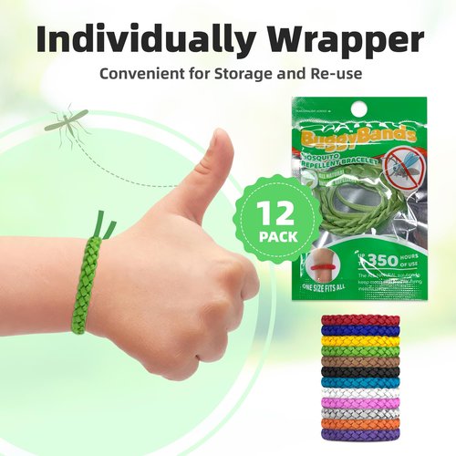 BuggyBands 12 Pack Mosquito Repellent Bracelets, DEET-Free, Individually Wrapped PU Leather Insect & Bug Repellent Wrist Bands