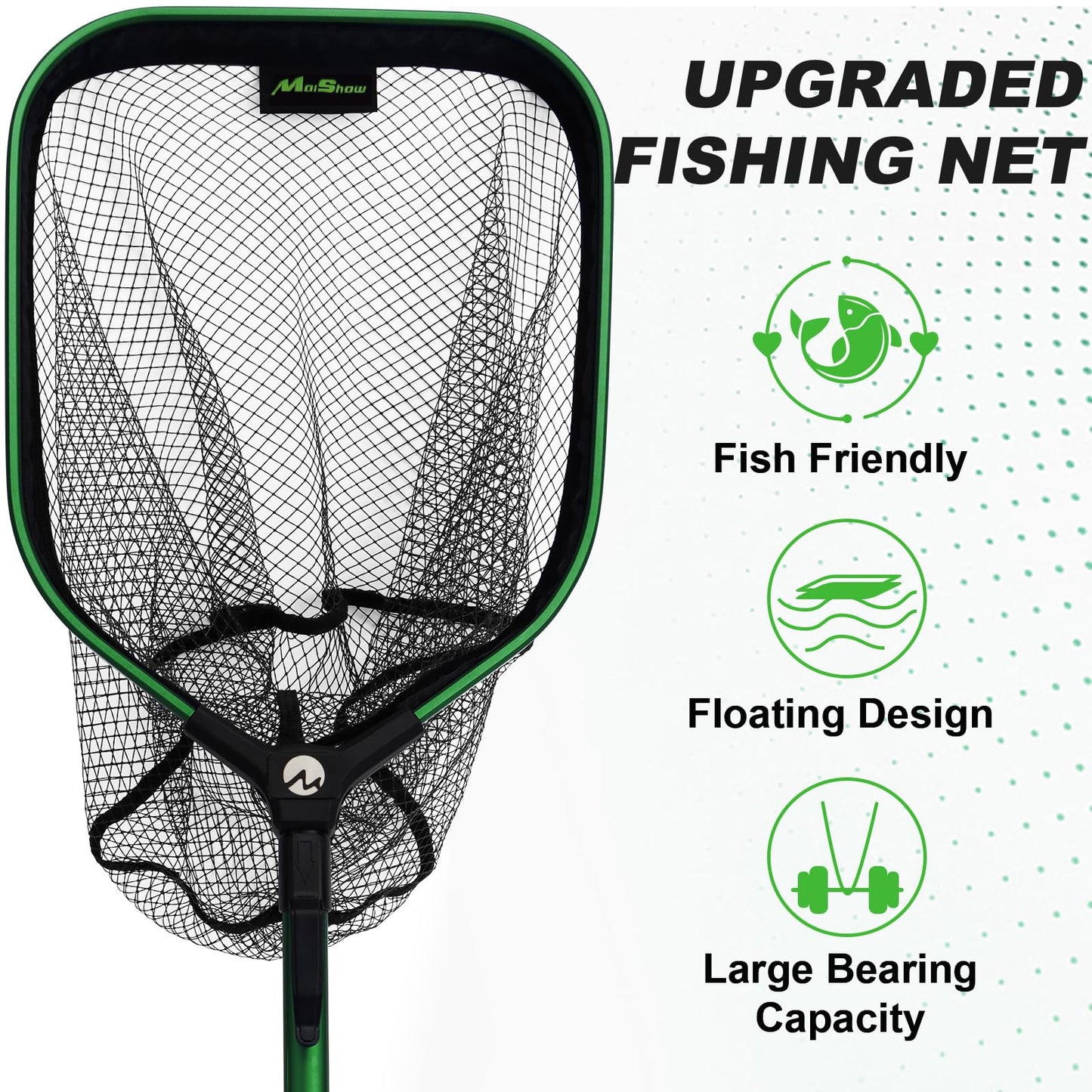 MoiShow Floating Fishing Net Fish Landing Net, Fishing Nets for Fish, Kayak Fishing Net with Third-gen Upgrade Locking Switch - Lightweight Rubber Coated Fish Net for Easy Catch & Release