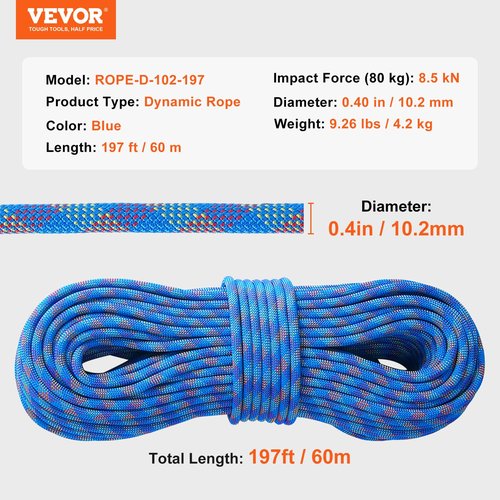 VEVOR 10.2mm Dynamic Climbing Rope, 60M(197ft) Outdoor Rock Climbing Rope 25KN Breaking Tension, Stretchable Fiber Rope for Escape, Rappelling, Fire Rescue, Blue