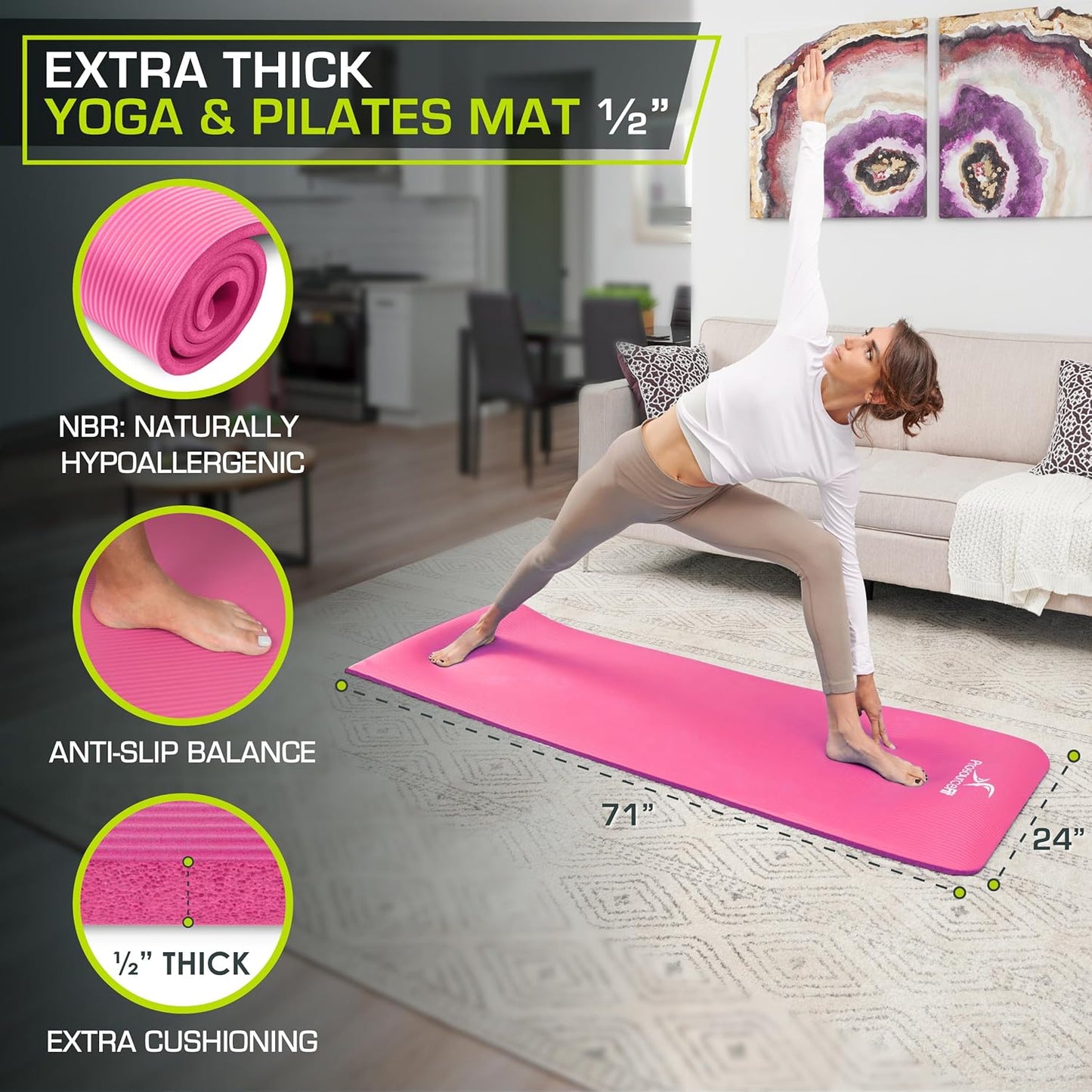 Extra Thick ½” Yoga & Pilates Mat - 71” High Density Foam with Carrying Strap