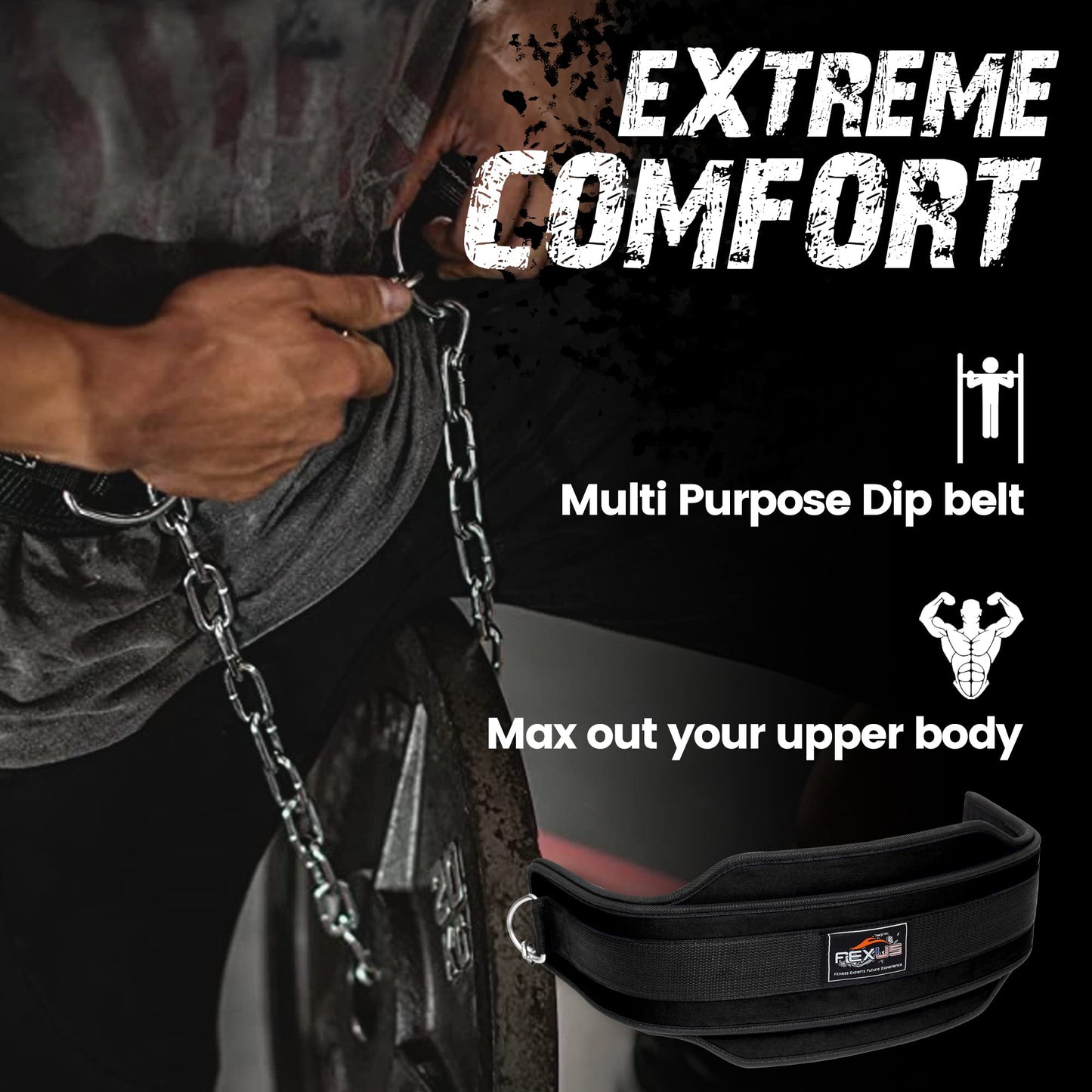 Fexus Dip Belt forWeightlifting, Gym Weight Belt for Men Women- Professional Dip Squat Bodybuilding Heavy Duty Steel Chain Workout Belt with Convenient Neoprene Support (Black)