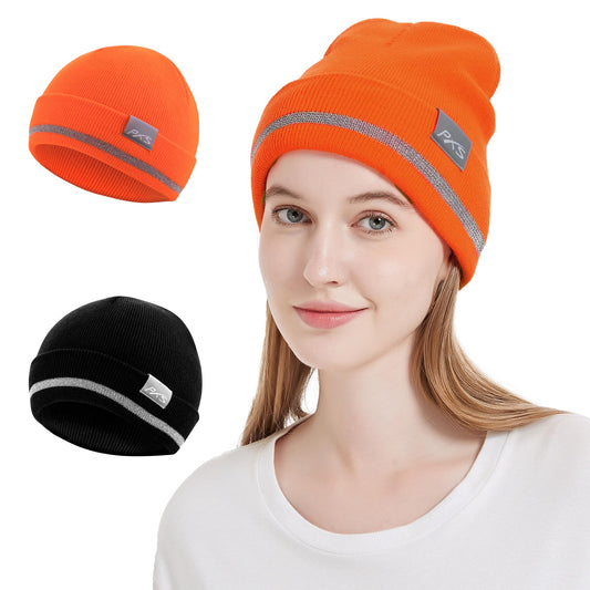 ProtectX 2 Pack Reflective Beanie Hat for Men Women Winter High Visibility Knit Safety Beanie Warm Headwear for Work Runing, Orange & Black