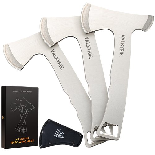 VALKYRIE. Throwing Axe Set – 3 Stainless Steel Tactical Tomahawk Axes with Nylon Cover – Camping & Outdoor Throwing Axes for Axe Throwing, Target Practice & Bottle Opener Feature
