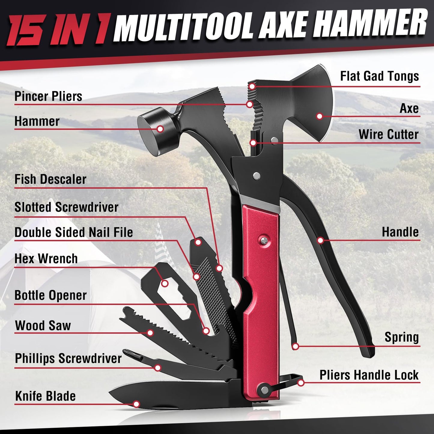 15 in 1 Multitool Axe Hatchet, Fathers Day Dad Gifts from Daughter Wife Son, Camping Accessories Survival Gear, Multi Tool for Camping Hiking Survival, Cool Gadgets Gifts for Men,Husband, Boyfriends