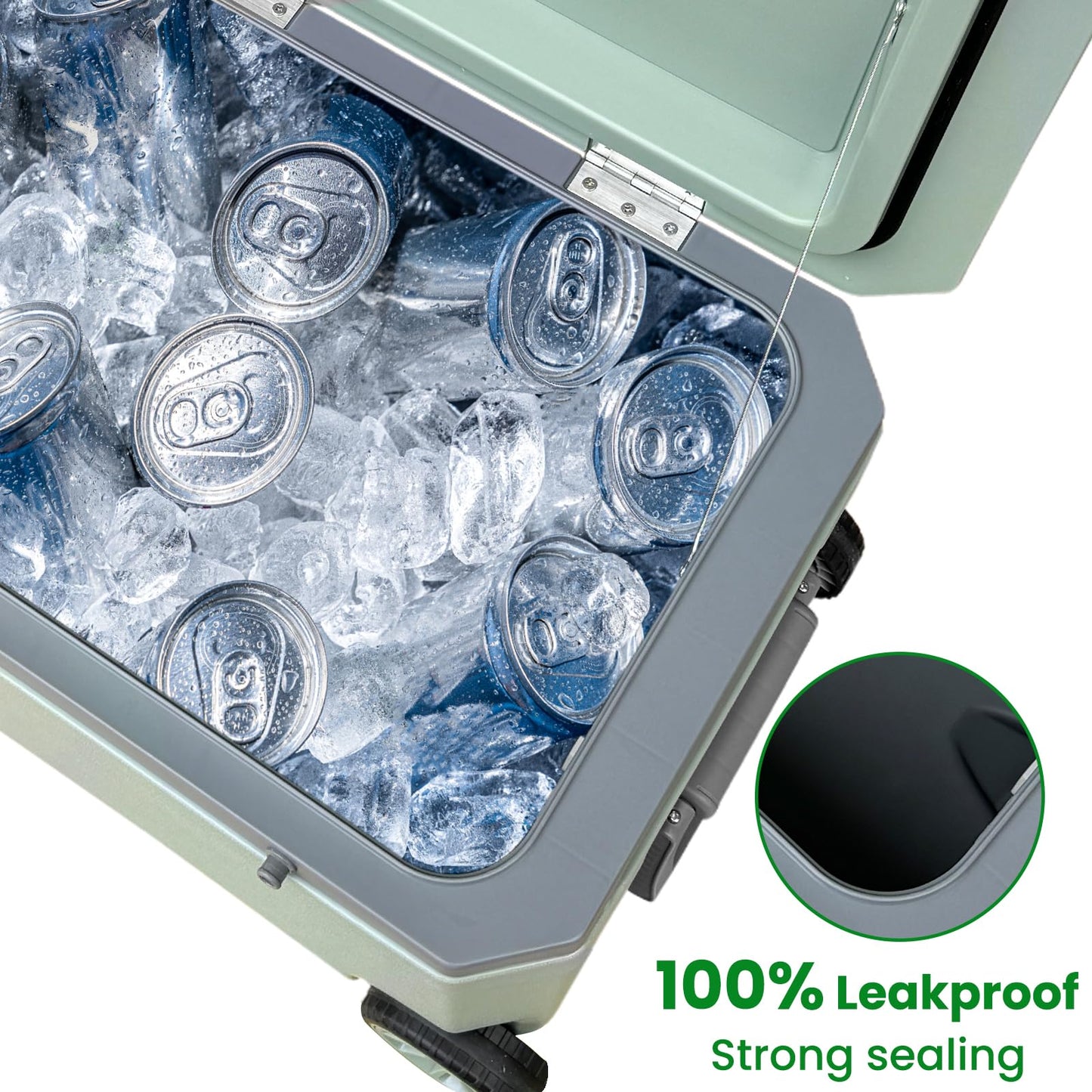 JUST-V 45L Cooler Insulated Portable Ice Chest Box with Heavy Duty Wheels Keeps Ice for up to 5 Days, Great for Beach, Camping, Tailgating, Sports, & More Green