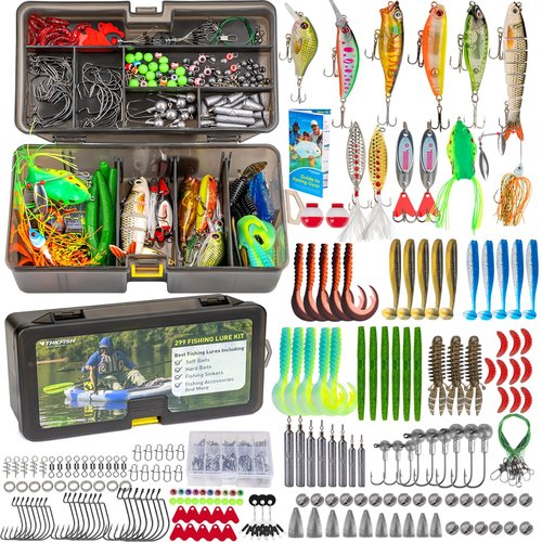 THKFISH Fishing Lures Kit, Bass Fishing Gear Kit for Freshwater Saltwater Tackle Box with Tackle Included Topwater Baits, Spinner bait, Frog, Hooks/Weights Accessories Gift for Adults