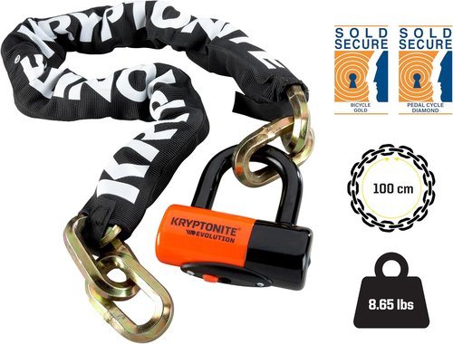 Kryptonite New York 1210 Bike Chain Lock, 3.25 Feet Long Heavy Duty Anti-Theft Sold Secure Gold Bicycle Chain Lock with Evolution Disc Lock and Keys for Ultimate Security E-Bike, Motorcycle, Scooter