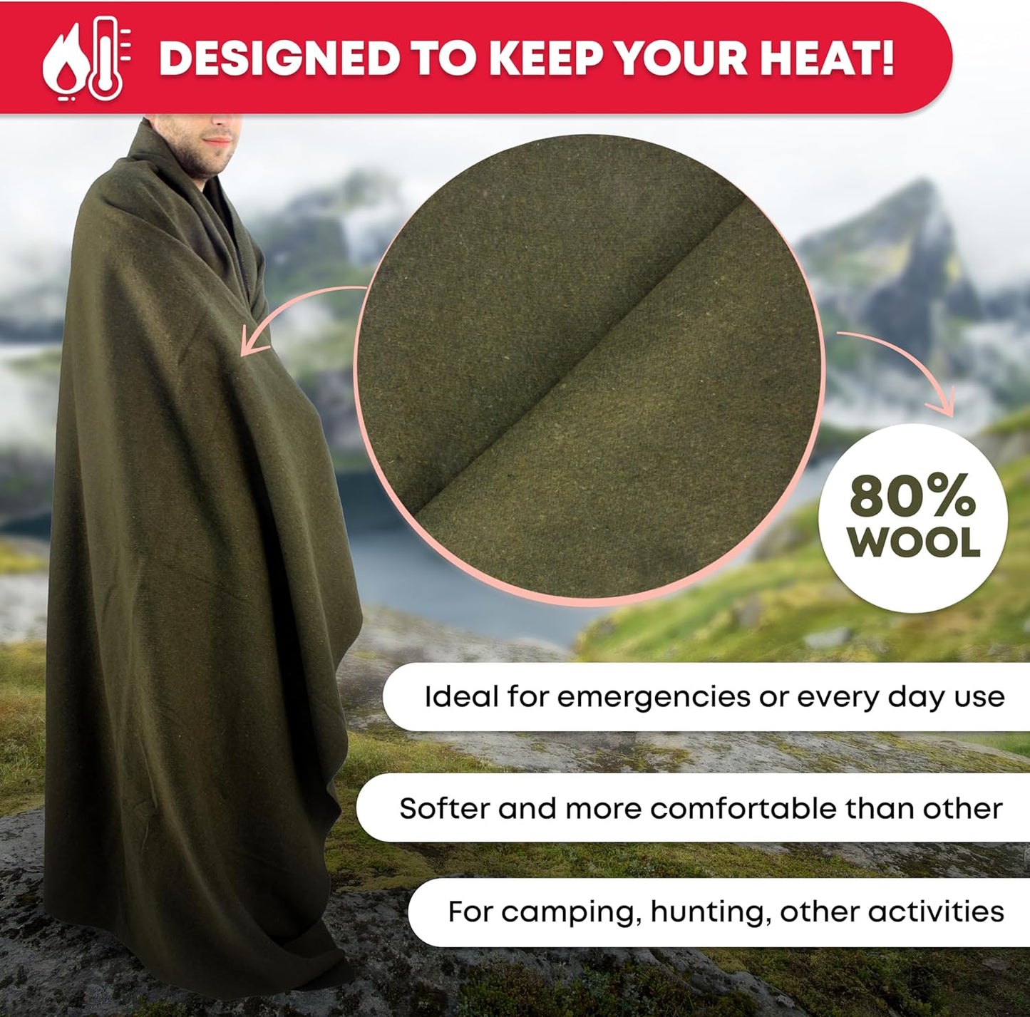 Ever Ready First Aid Olive Drab Green Warm Fire Retardant Blanket, 66" x 90"