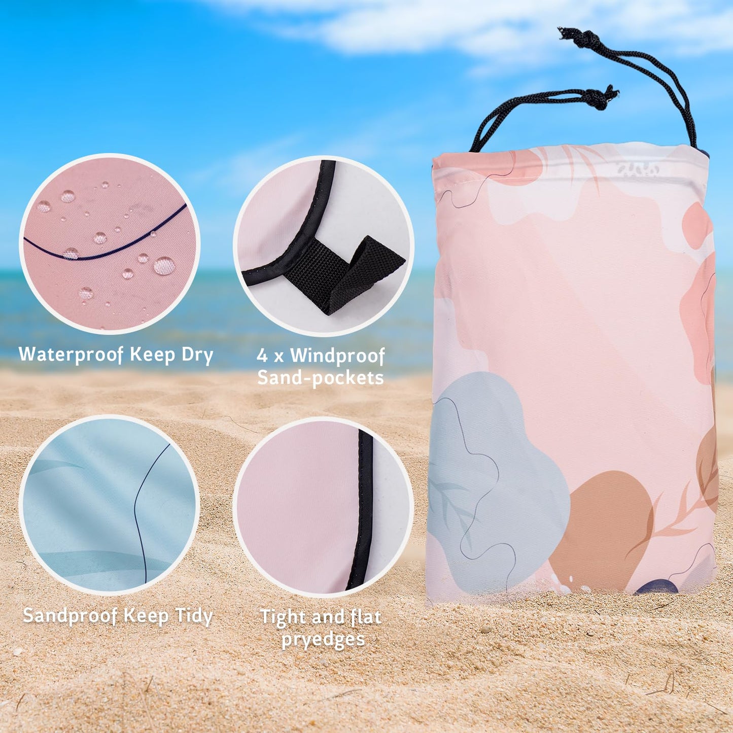 Gealaek Pink Abstract Waterproof Sandproof Picnic Beach Blanket, 87x71 Inches, Queen Size, 100% Polyester, Foldable, Camping, Travel, Hiking, Beach