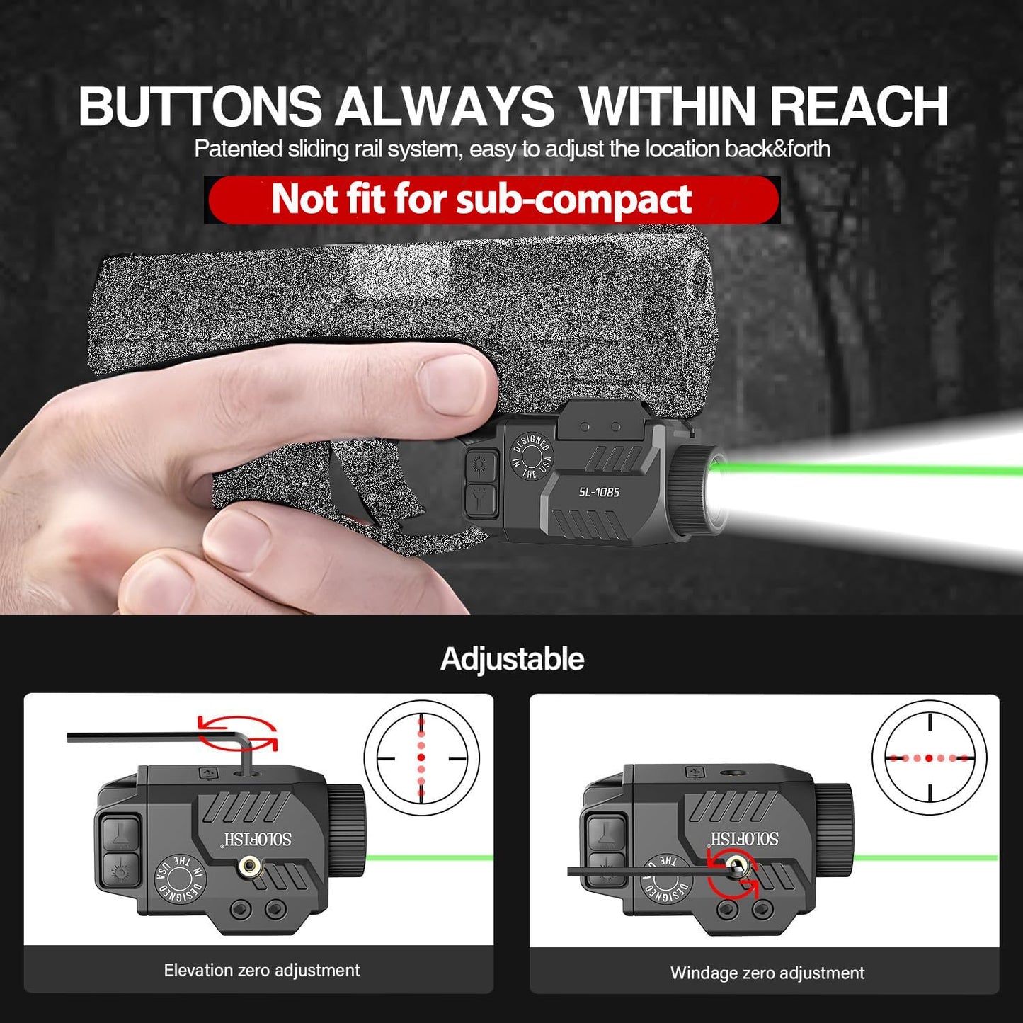 Solofish 800lm Pistol Light Laser Combo with Adjustable Rail for Full Rail, Shockproof Green Laser Sight and Gun Light with Strobe Function, Rechargeable