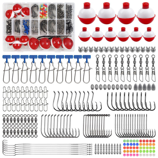 220pcs Fishing Hooks Bobbers Tackle Kit Beginners Equipment Includes Fishing Hooks Bobbers Weight Sinkers Swivel Snaps Starter Kit for Artificial and Live Baits