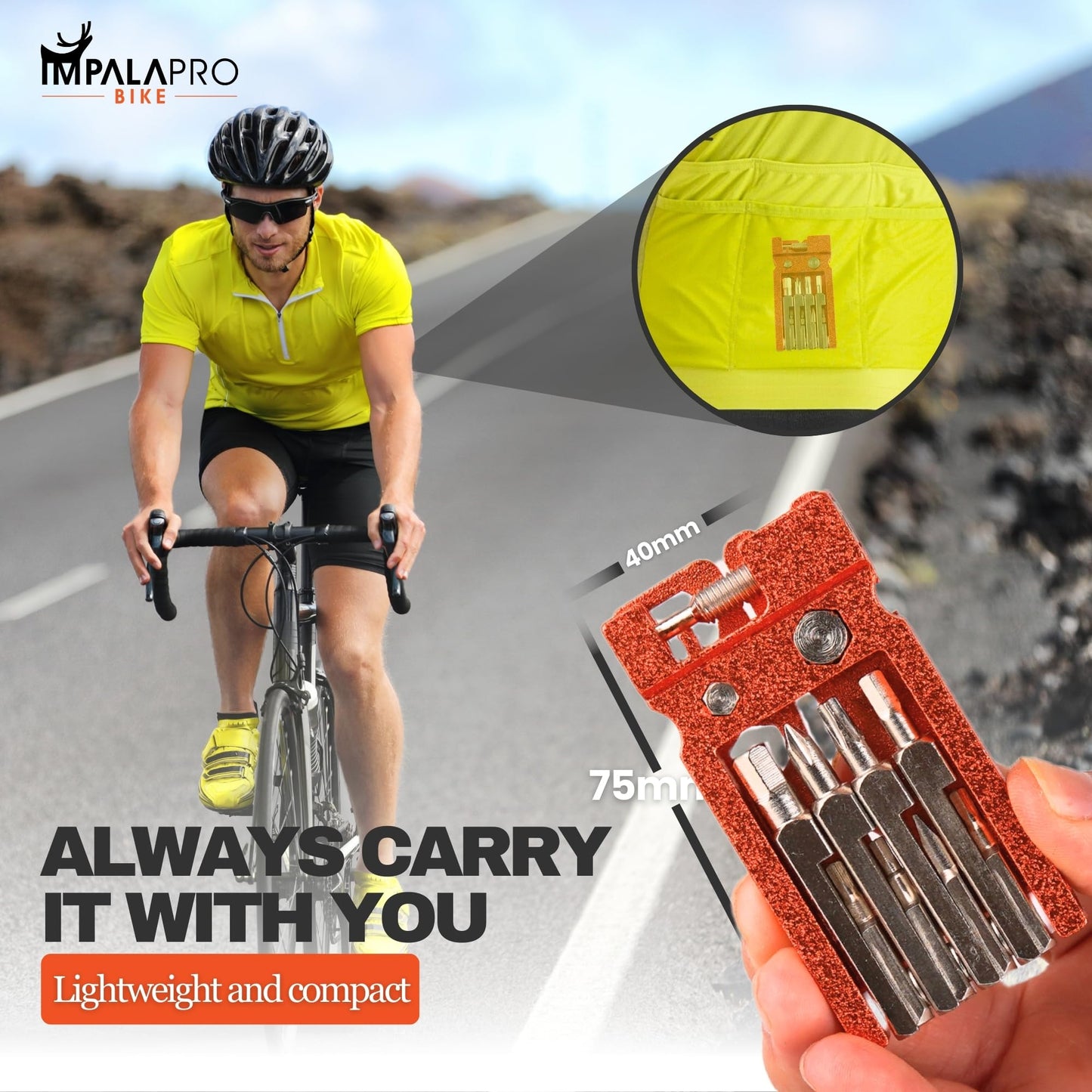 IMPALAPRO Bike Tool Kit Portable 20 in 1 Compact and Lightweight (117.5g) Chrome-Vanadium (CRV) - Bike Multitool with Chain Breaker - MTB Multitool - Bike Repair Tools (Orange)