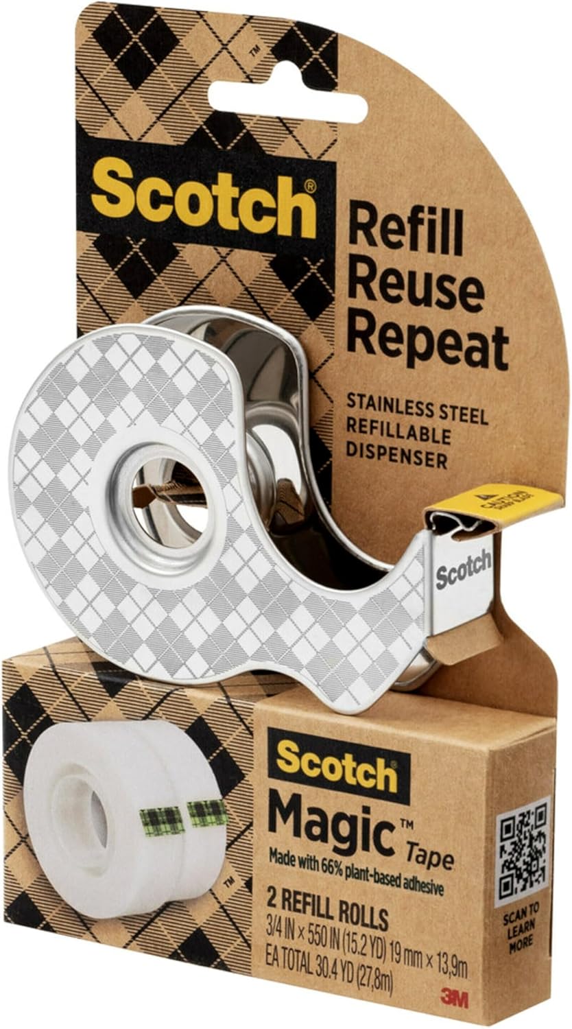Scotch Magic Tape Stainless Steel Refillable Dispenser with Plant-Based Adhesive Refill Pack, Includes 2 Rolls of Invisible Tape, 3/4 in x 550 in