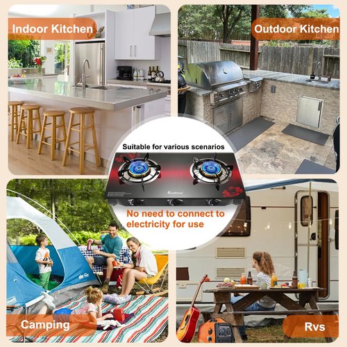 BesNerg Propane Stove 2 Burner Gas Stove, 28800 BTU High-Efficiency Auto Ignition Tempered Glass LPG Cooktop with CSA Regulator and Hose – for Outdoor Camping, RV, and Emergency Cooking