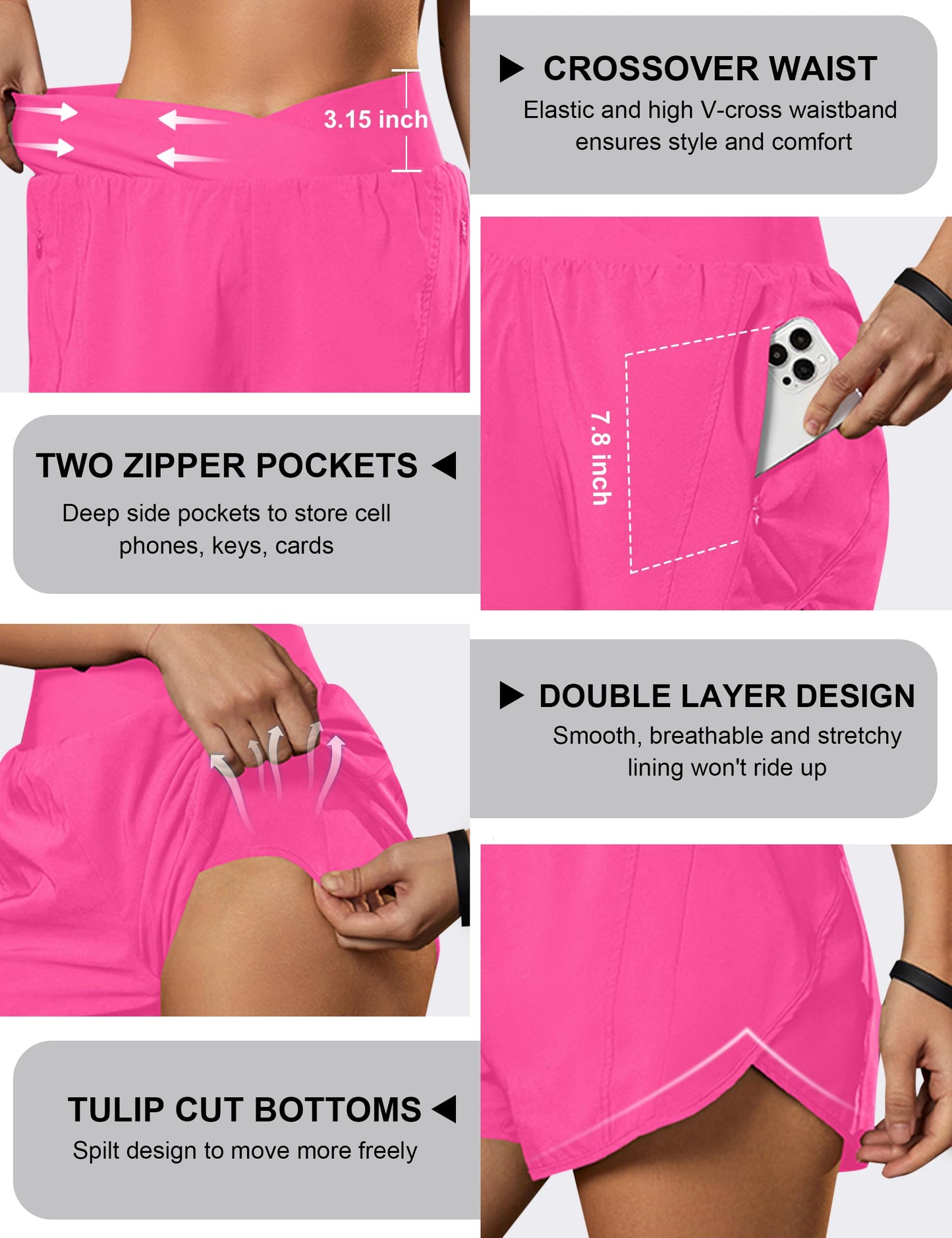 Blooming Jelly Women's Workout Shorts Athletic Running Crossover High Waisted Gym Sport Yoga Shorts with Zipper Pockets (Hot Pink,X-Small)